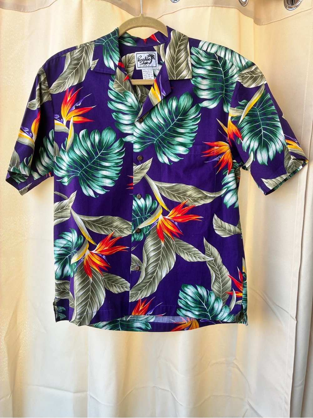 Vintage Paradise Style Hawaiian Tropical Purple Button Down Shirt Small